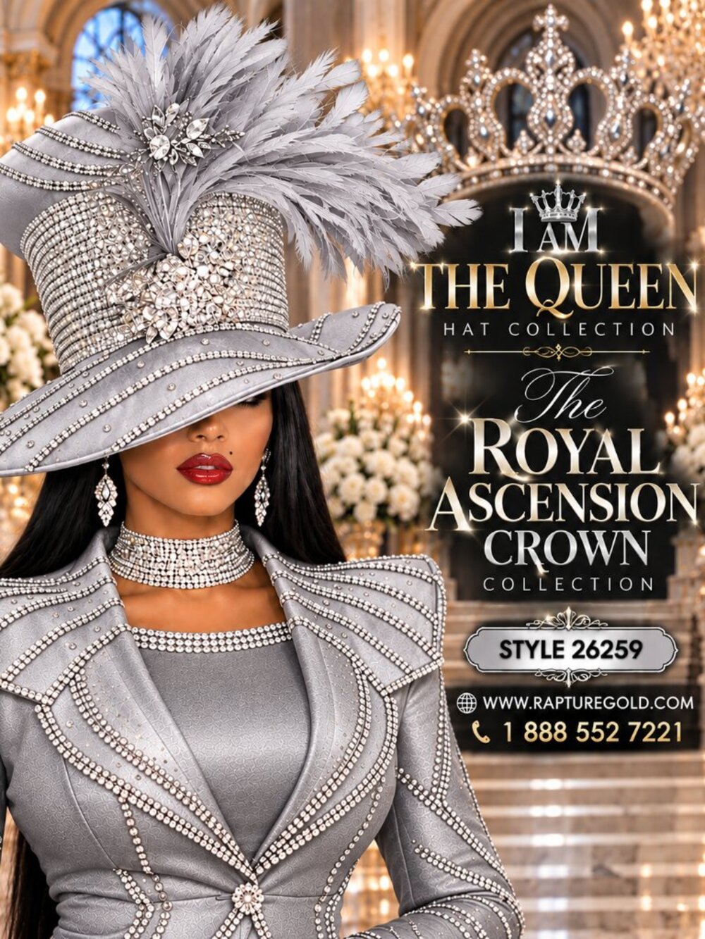 I Am The Queen Silver Designer Church Hat Wide Brim First Lady Hat 26259